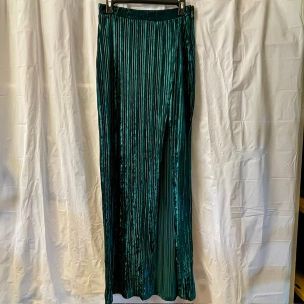 JLUXLABEL Chic Emerald Green Plisse Pleated Velvet Maxi Skirt High Slit XL NEW